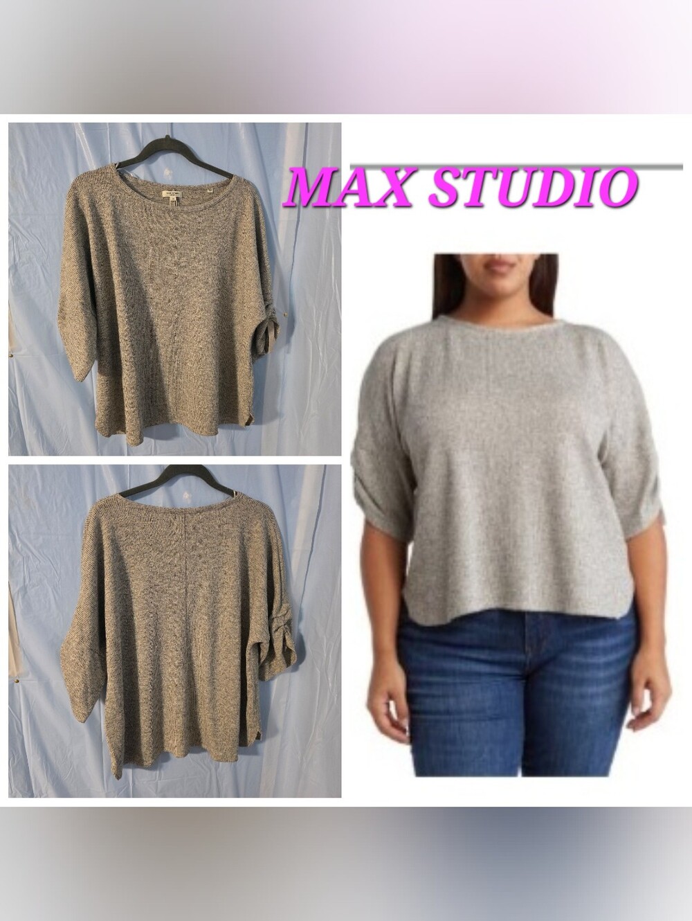 Max Studio Ruched Sleeves Oatmeal Gray Knit Boatneck Sweater